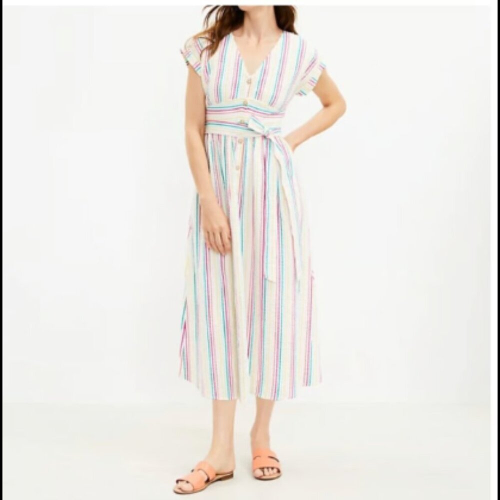 NWT LOFT Rainbow Seersucker Striped Button-Down Midi Dress Petite 6P